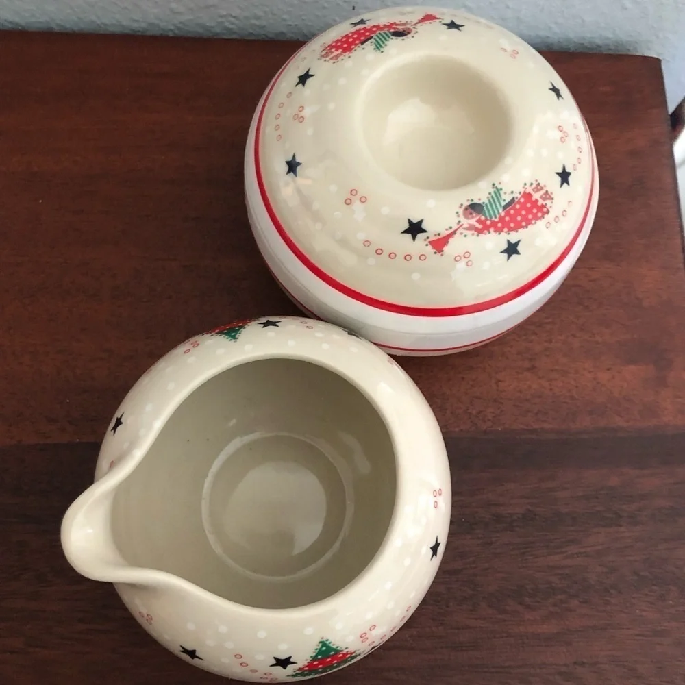 1970s MCM Epoch Brand Winter Holiday Cream and Sugar Set Angel Tree Model